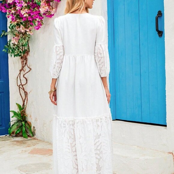 White Boho Women's Loose Tie Neck Ruffled Hem Long Sleeve Dress - Picture 4 of 7